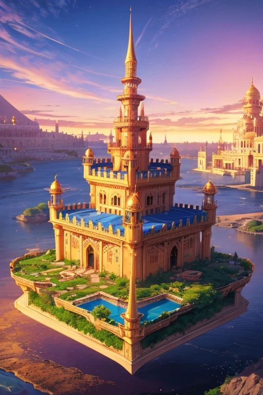 floating island with golden Muslim palace with vegetation and rivers with a tower in the center with a purple fire and blue sky background