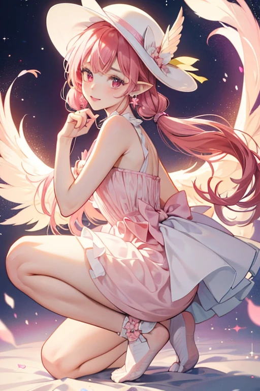 Lip is a Fairilu fairy. She has wings colored in three gradient colors of pink, yellow, and light blue. She has white skin, coral red eyes, rosy cheeks, long pointy ears, and light red hair . Lip wore the same pink hat, but was smaller and had no ribbon. Also, she had only two strands of bangs on her head. Her pigtails were two curled round buns. She didn't wear her earrings. She only wore a white sleeveless dress and had no shoes yet. Her wings were small pink wings. SPARKLE; GLITTER