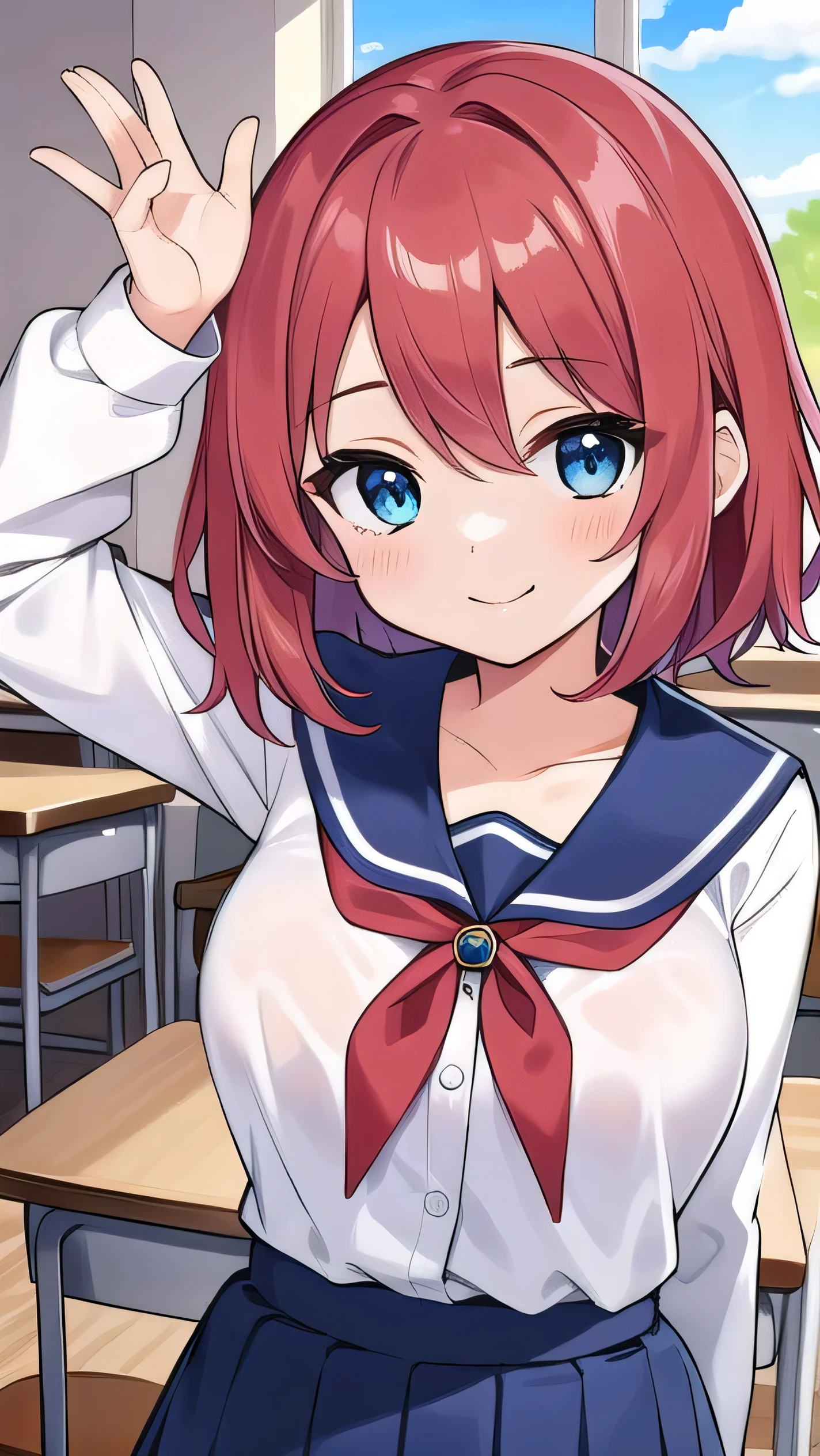 Big breasts, red hair, blue eyes, droopy eyes, red jacket, long sleeves, navy skirt, elementary school student, super big breasts, (medium hair: 1), baggy clothes, elementary school student, young face, short height, , old, shy Agari, smiling a little, trying to unbutton his shirt in the classroom, white shirt, soft hair.