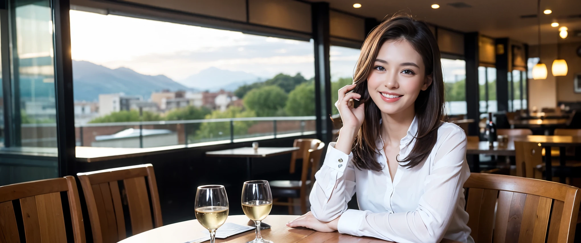 ((highest quality、8k、masterpiece:1.3))、1 male、1 female、Couple、spouse、Couple、Slim body、((Bob Hale、Straight hair:1.2)), (Realistic, Intricate details:1.2), Wine glass on the table、Shine light on your face、 Amazing view of the sunset sky and clouds、Amazing mountain views、A bright smile、The wonderfulness of smile、Bright image、The beauty of wine, Beautiful Face, blue eyes, The light shines on your face, Blushing, short hair,Bright Face、 (7), 34 years old, red wine 、Appetizers、Italian food、Wine bottle、Champagne、sparkling wine、Two beauties、Brown Hair、Shortcuts、Long sleeve shirt、dress、Pretty Woman 1, (Slim face), (The body is slim), (Brown Hair), (Shortcuts), cheeks turn a little red,Attractive beauty、restaurant, In a prominent place (From the waist up) Nova Frog Style, actress, model, Upper Body, White wine, slim, wine glass, Wine glass placed in the center, smile, (smile: 1.15), Beautiful fine grain, Depth f/2,saturation, High Contrast, Strong light and shadow,Moist Body:1.5、3D texture、Delicate eyes、Brown Hair、The hair is very shiny、