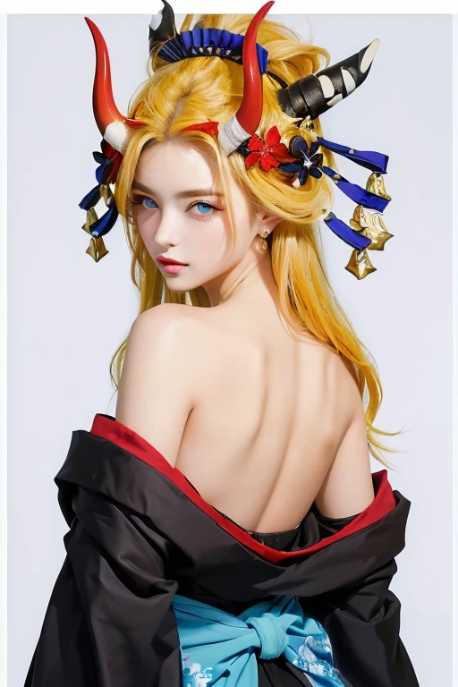 ((ultra realista)), ((imagem perfeita)), ((rosto perfeito)), ((ultra detalhado)), ((corpo inteiro)), a blue-eyed woman with horns on her head, retrato de onmyoji, garota loira com cabelo comprido, de vestido revelando as costas
