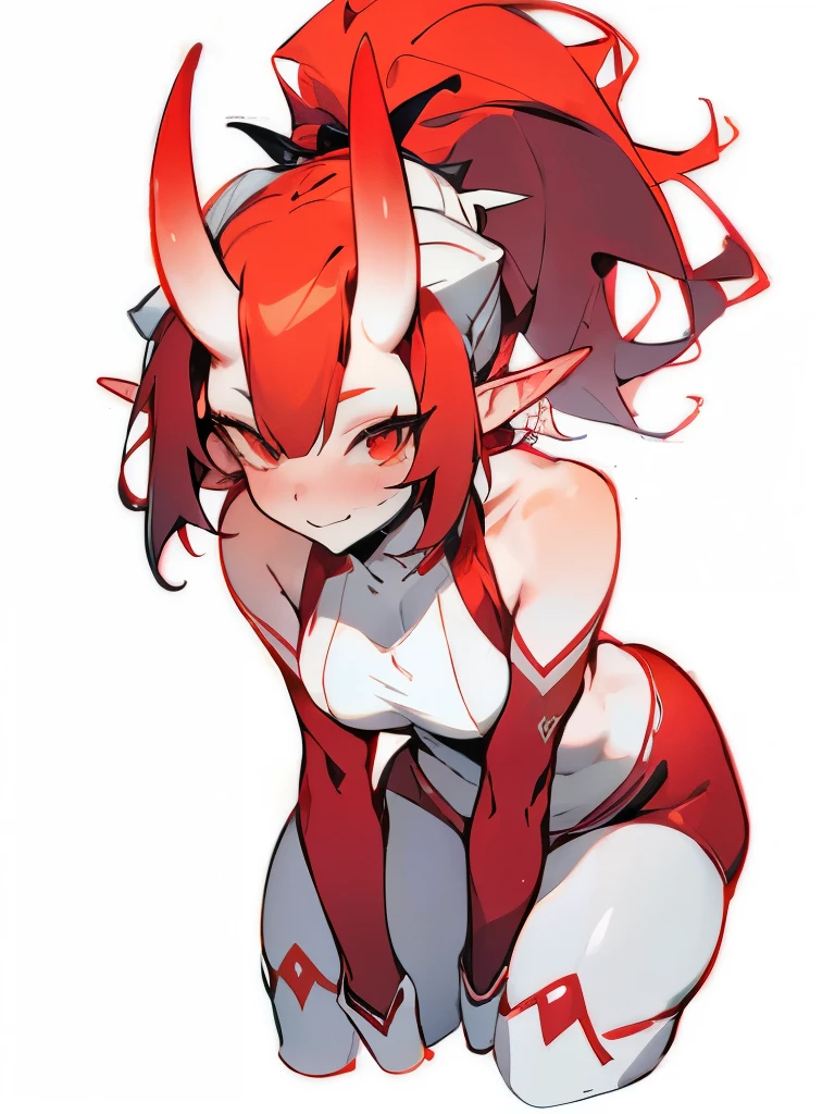 1oniwoman, mature female, red hair, red eyes, seductive, elves ears, white skin, oni horns, gradient horns, cropped shoulders，White knee-length stockings，High ponytail，Stand up，sporty attire，Top-down view, erotic, soft ecchi