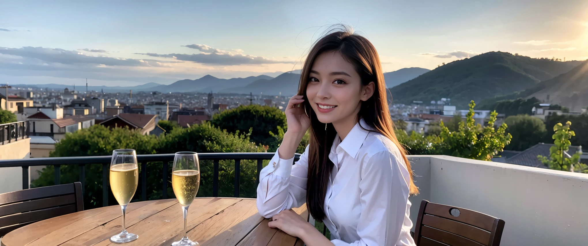 ((highest quality、8k、masterpiece:1.3))、1 male、1 female、Couple、spouse、Couple、Slim body、((Bob Hale、Straight hair:1.2)), (Realistic, Intricate details:1.2), Wine glass on the table、Shine light on your face、 Amazing view of the sunset sky and clouds、Amazing mountain views、A bright smile、The wonderfulness of smile、Bright image、The beauty of wine, Beautiful Face, blue eyes, The light shines on your face, Blushing, short hair,Bright Face、 (Age 37), 34 years old, red wine 、Appetizers、Italian food、Wine bottle、Champagne、sparkling wine、Two beauties、Brown Hair、Shortcuts、Long sleeve shirt、dress、Pretty Woman 1, (Slim face), (The body is slim), (Brown Hair), (Shortcuts), cheeks turn a little red,Attractive beauty、restaurant, In a prominent place (From the waist up) Nova Frog Style, actress, model, Upper Body, White wine, slim, wine glass, Wine glass placed in the center, smile, (smile: 1.15), Beautiful fine grain, Depth f/2,saturation, High Contrast, Strong light and shadow,Moist Body:1.5、3D texture、Delicate eyes、Brown Hair、The hair is very shiny、