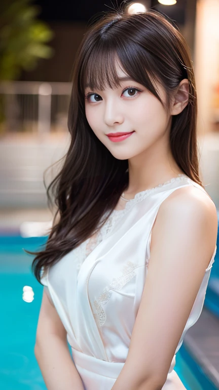 highest quality、8k wallpaper、Reality:1.4、Photographed by a professional photographer、Cinema Lighting、View your viewers、background:Blurred night swimming pool、1 beautiful girl、Japanese Idol、19 years old、Beautifully detailed eyes、Asian Beauty、Japanese、Super Beauty、Detailed face、Beautiful Skin、Slender、Slim waist、Thin legs、Lip balm、Blonde: 1.5、Long Hair、Asymmetrical bangs、Tight-fitting silk lace dress 、smile:1.5、I can see your chest、Seductive pose