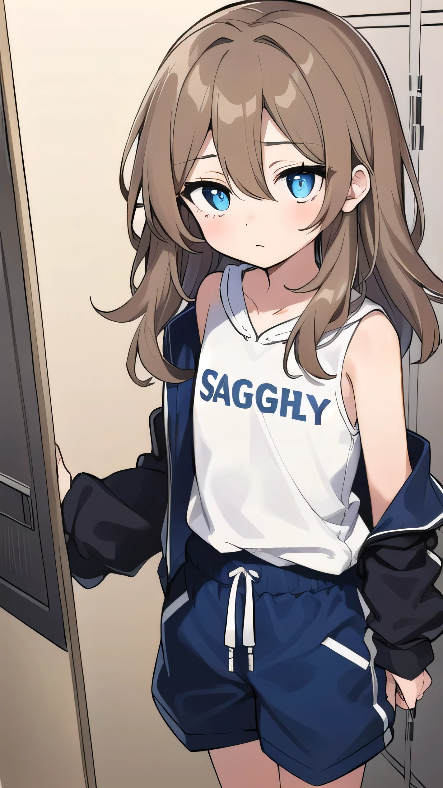 Girl, ( light brown hair :1.5), (black eyes:1.1), (big eyes: 1.1), (sagging eyes: 1.5), (very long hair:1.1), hair between eyes, cyan long-sleeved hoodie, white T-shirt, dark blue shorts, white sneakers, (flat chest), (straight hair), very short, only , droopy eyes, wearing a jacket, 11 years old, wearing a jacket,, (short height:1.3),  young face , sleepy face, smooth straight hair, locker room, 