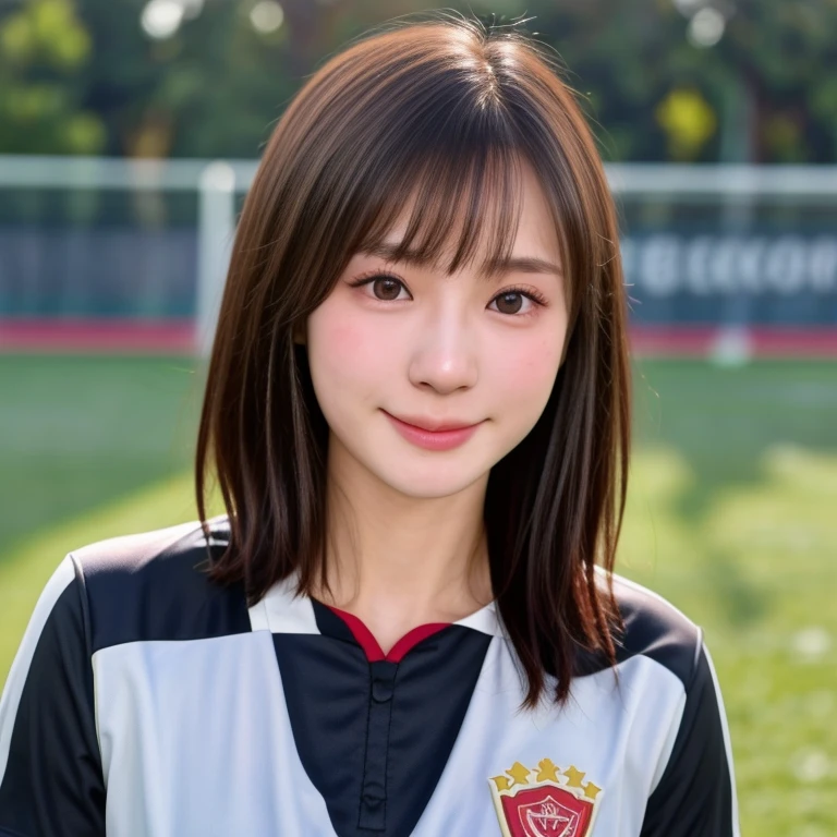 (kawaii 24 year-old Japanese girl, Nogizaka idol, Korean idol, soccer player), healthy female athlete body, (glossy black hair, very short hair, bangs:1.3), beautiful black eyes, rounded face, single eyelid, (no makeup:1.2), (soft smiling:1.2), (soccer uniform:1.3), extra small breasts, BREAK, (park background, summer daytime:1.2), (dynamic angle, bust shot:1.2), BREAK, (masterpiece, best quality, photo realistic, official art:1.4), (UHD, 8K quality wallpaper, high resolution, raw photo, golden ratio:1.3), (shiny skin), professional lighting, physically based rendering, award winning, (highly detailed skin texture, extremely detailed face and eyes textures), Carl Zeiss 85 mm F/1.4, depth of field, (1girl, solo),