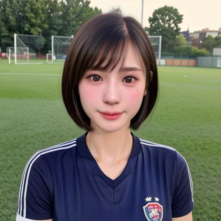 (kawaii 24 year-old Japanese girl, Nogizaka idol, Korean idol, soccer player), healthy female athlete body, (glossy black hair, very short hair, bangs:1.3), beautiful black eyes, rounded face, single eyelid, (no makeup:1.2), (soft smiling:1.2), (soccer uniform:1.3), extra small breasts, BREAK, (park background, summer daytime:1.2), (dynamic angle, bust shot:1.2), BREAK, (masterpiece, best quality, photo realistic, official art:1.4), (UHD, 8K quality wallpaper, high resolution, raw photo, golden ratio:1.3), (shiny skin), professional lighting, physically based rendering, award winning, (highly detailed skin texture, extremely detailed face and eyes textures), Carl Zeiss 85 mm F/1.4, depth of field, (1girl, solo),