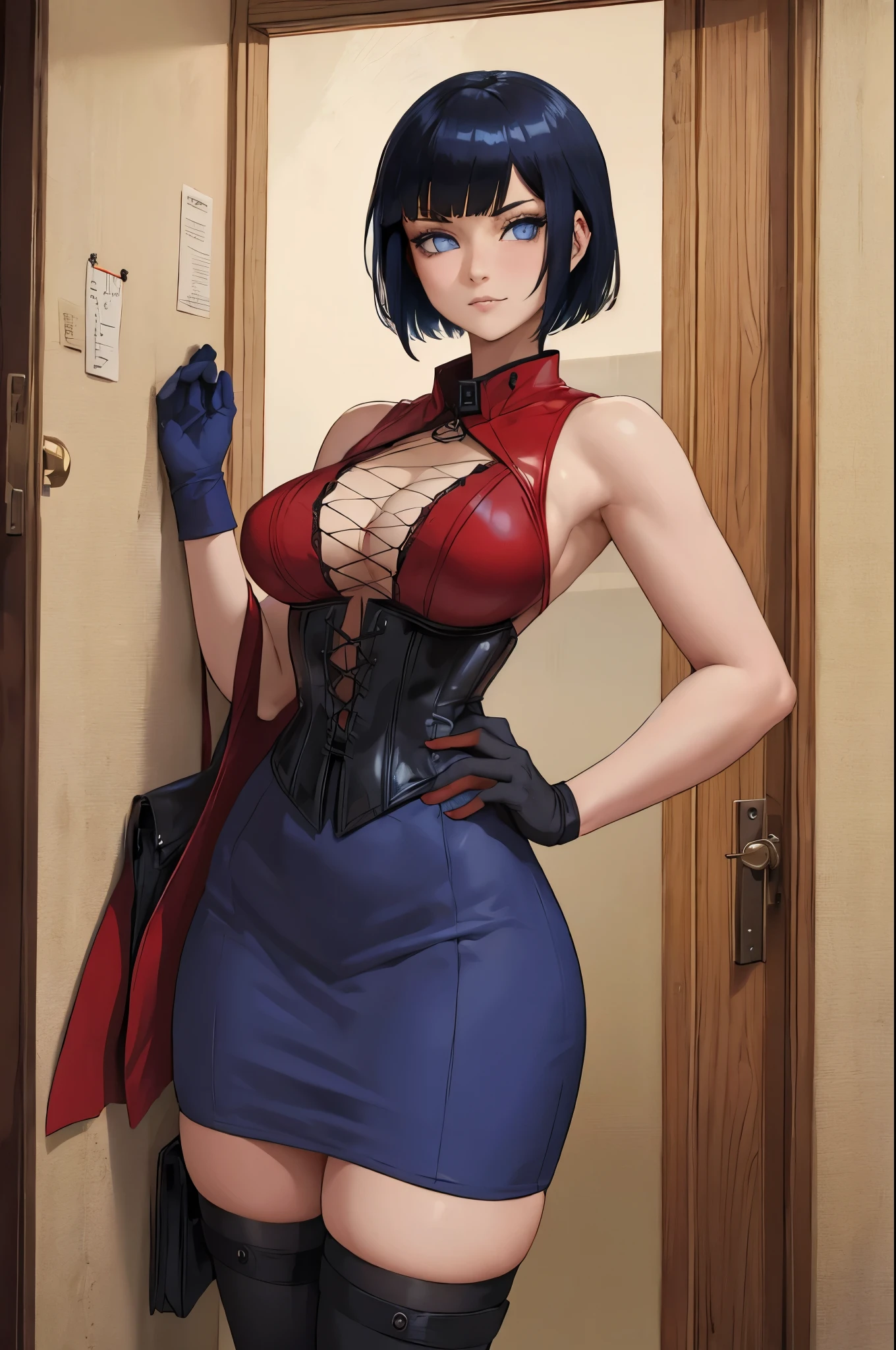 A woman is alone in the room, Wearing a red gothic dress, Wearing a corset, Wearing black latex short gloves, Dark atmosphere, Cute Japan girl face in the style of Minami Hamabe, Sanpaku's blue eyes, slender, The whole body is shown, A dark-haired, Short Bob, Wearing lace-up boots, pale complexion, Red Eyeliner, double tooth, Maiden, Best Quality