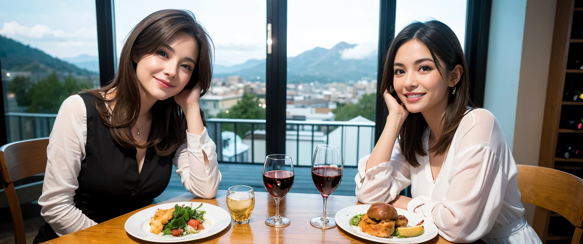 ((highest quality、8k、masterpiece:1.3))、1 male、1 female、Couple、spouse、Couple、Slim body、((Bob Hale、Straight hair:1.2)), (Realistic, Intricate details:1.2), Wine glass on the table、Shine light on your face、 Amazing view of the sunset sky and clouds、Amazing mountain views、A bright smile、The wonderfulness of smile、Bright image、The beauty of wine, Beautiful Face, blue eyes, The light shines on your face, Blushing, short hair,Bright Face、 (Age 37), 39 years old, red wine 、Appetizers、Italian food、Wine bottle、Champagne、sparkling wine、Two beauties、Brown Hair、Shortcuts、Long sleeve shirt、dress、Pretty Woman 1, (Slim face), (The body is slim), (Brown Hair), (Shortcuts), cheeks turn a little red,Attractive beauty、restaurant, In a prominent place (From the waist up) Nova Frog Style, actress, model, Upper Body, White wine, slim, wine glass, Wine glass placed in the center, smile, (smile: 1.15), Beautiful fine grain, Depth f/2,saturation, High Contrast, Strong light and shadow,Moist Body:1.5、3D texture、Delicate eyes、Brown Hair、The hair is very shiny、