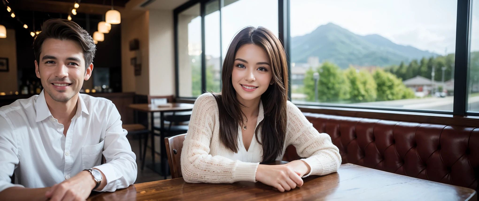 ((highest quality、8k、masterpiece:1.3))、1 male、1 female、Couple、spouse、Couple、Slim body、((Bob Hale、Straight hair:1.2)), (Realistic, Intricate details:1.2), Wine glass on the table、Shine light on your face、 Amazing view of the sunset sky and clouds、Amazing mountain views、A bright smile、The wonderfulness of smile、Bright image、The beauty of wine, Beautiful Face, blue eyes, The light shines on your face, Blushing, short hair,Bright Face、 (Age 37), 39 years old, red wine 、Appetizers、Italian food、Wine bottle、Champagne、sparkling wine、Two beauties、Brown Hair、Shortcuts、Long sleeve shirt、dress、Pretty Woman 1, (Slim face), (The body is slim), (Brown Hair), (Shortcuts), cheeks turn a little red,Attractive beauty、restaurant, In a prominent place (From the waist up) Nova Frog Style, actress, model, Upper Body, White wine, slim, wine glass, Wine glass placed in the center, smile, (smile: 1.15), Beautiful fine grain, Depth f/2,saturation, High Contrast, Strong light and shadow,Moist Body:1.5、3D texture、Delicate eyes、Brown Hair、The hair is very shiny、