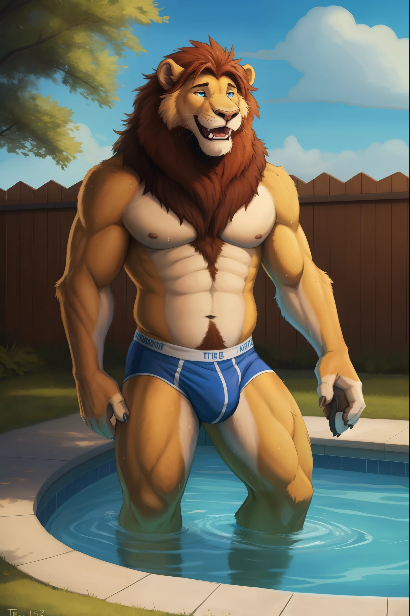 Anthro, anthro solo, realistic, anthropomorphic, body fur, 4k, hi res, detailed eyes, 8k eyes, eyes focus, colorful eyes, outdoors, pool, grass, large backyard, fence, wet bodies, blue eyes, open mouth, muscular lion male, in pool, in water, briefs, digital artwork,(flat colors:1.2),(by adios, by k-9,by paintfox:.8), by delirost, by tritscrits, (detailed fur, detailed fur texture:0),(masterpiece, best quality, high quality, highres, ultra-detailed)