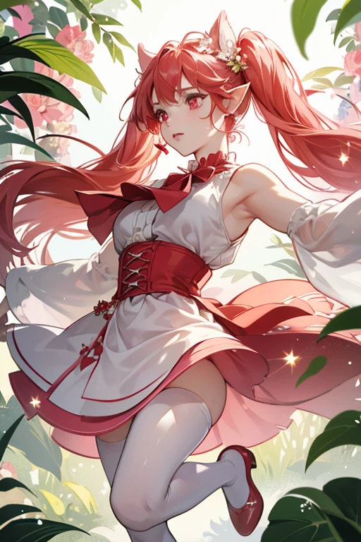 She has white skin, coral red eyes, rosy cheeks, long pointy ears, and light red hair . She has white skin, coral red eyes, rosy cheeks, long pointy ears, and light red hair . Lip wears a pink sleeveless dress with triangle skirt flairs and a green back ribbon. She does not wear stockings and only wears green fairy shoes on her feet. She wears no hat but has a set of flower decors on her hair and two under each ears. Her pigtails are tied together with green leaves. She has pink flower earrings on her ears. SPARKLE; GLITTER
