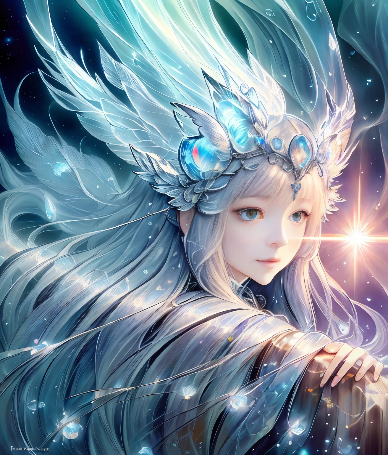 Owl appearance, Realistic, vector, Full body mosaic metal crystal decoration, glowing neon eyes, White eye hair covered with crystal charm, Fantasy, sunlight, sunlight, Intricate details. 8k, dream-like, Surreal, Symmetric, Soft lighting, Popular at art tables, Intricate details, Very detailed, Unreal Engine, Ross Tran, Wow, Artgerm and James Jean, Brian Froud , Art illustration:Miho Hirano, Kannaninamemi, Oil on canvas by Ict Eyde, Thick brushwork, Paint drips