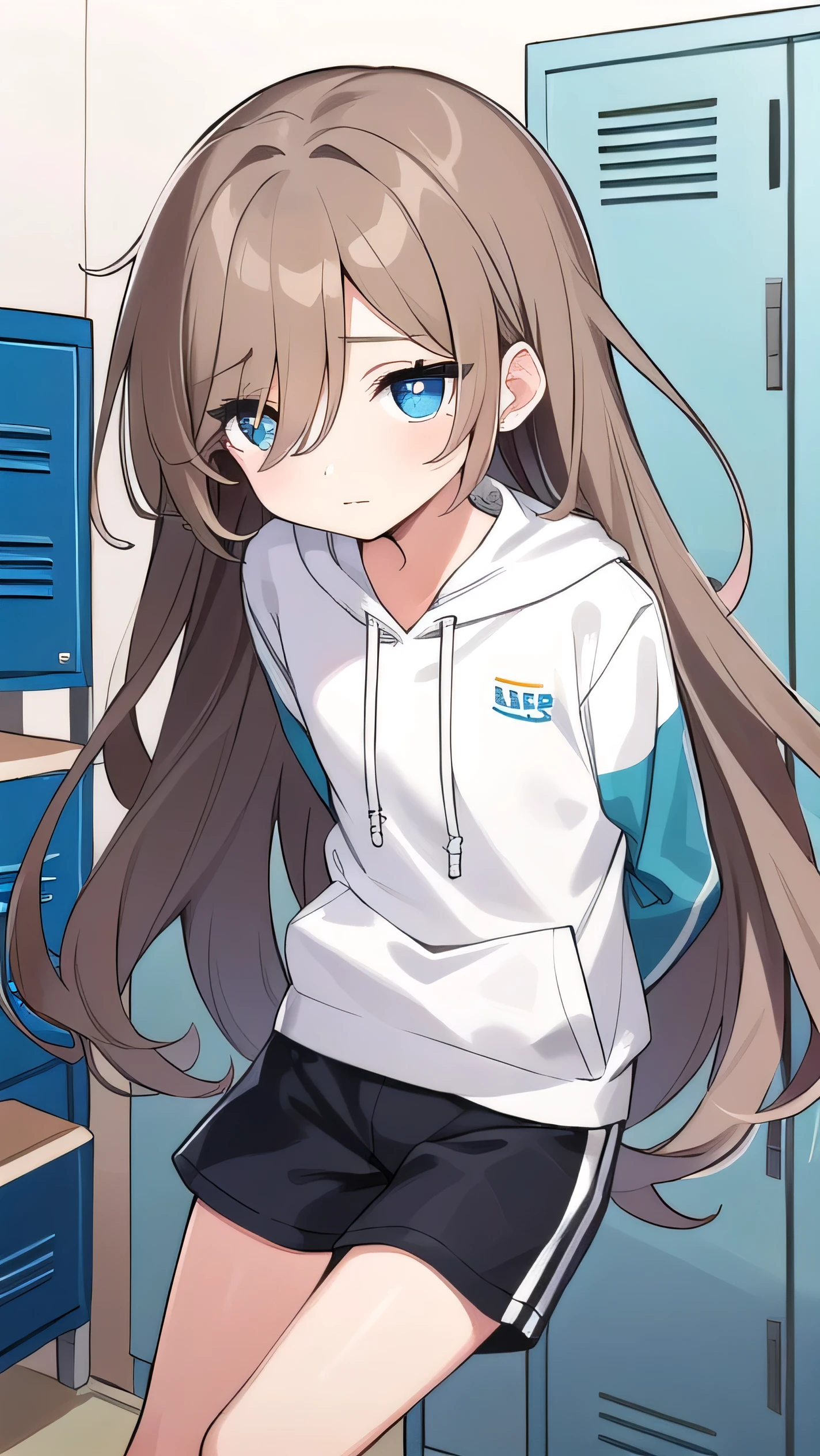 Girl, ( light brown hair :1.5), (black eyes:1.1), (big eyes: 1.1), (sagging eyes: 1.5), (very long hair:1.1), hair between eyes, cyan long-sleeved hoodie, white T-shirt, dark blue shorts, white sneakers, (flat chest), (straight hair), very short, only , droopy eyes, wearing a jacket, 11 years old, wearing a jacket,, (short height:1.3),  young face , sleepy face, smooth straight hair, locker room, 