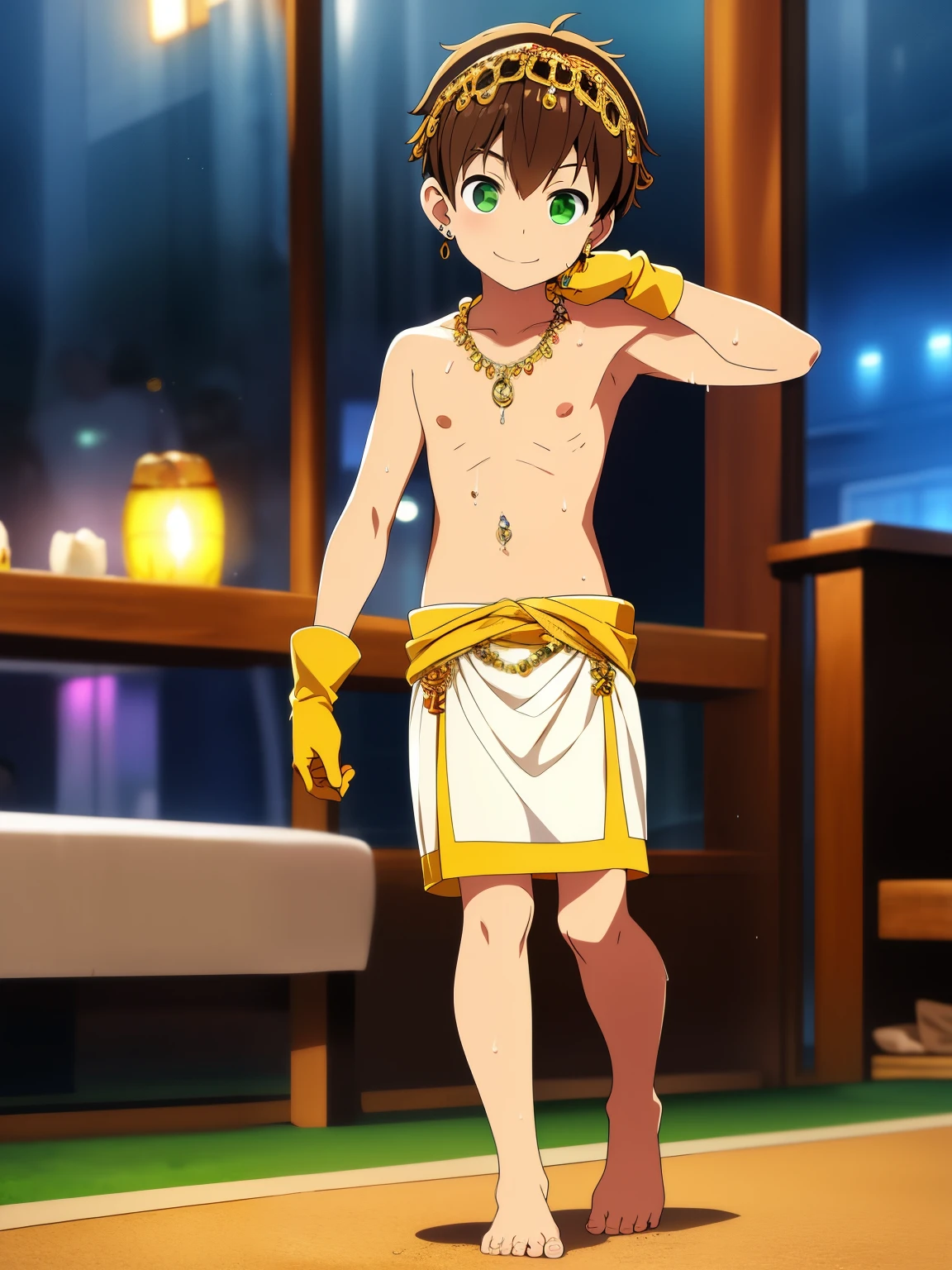 Highres, Masterpiece, Best quality at best,Best Quality,hight quality, hight detailed, 1boy, Boy, Solo, brown hair, Earring, Shota, Transparent veil covering the mouth, Transparent veil covering the waist, Gold necklace, Navel piercing, Gloves, 3gypt1anb3llyD, barefoot, midriff, dancer, (Green), Belly dancer, night day, Shirtless, Topless, Bare chest, Slim body, smile, sweat, Simple beckground, Seen from the front, Look at viewer, Upper body, Depth of field, (Showing armpit:1.3), Seen from front, (very small and short stature), (very young boy), s, Blurry beckground