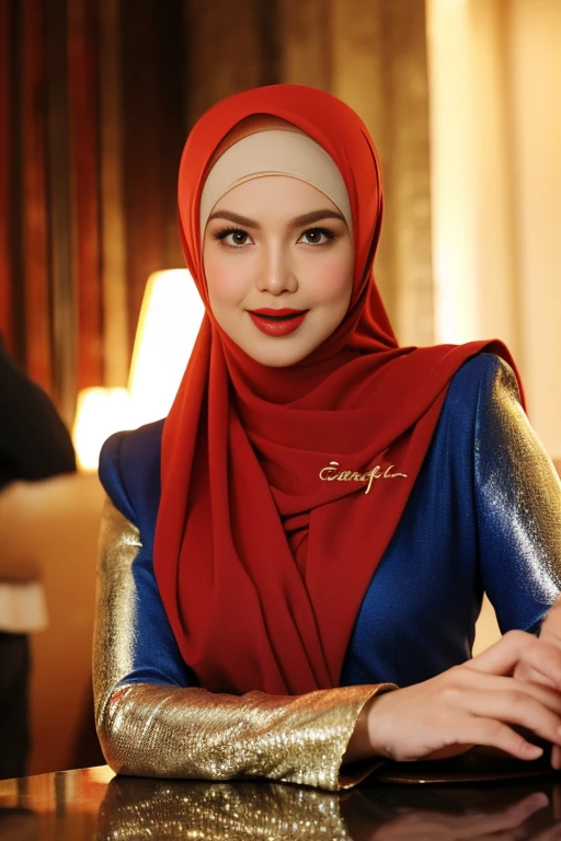 Half body portrait of a 33 years old malay woman sit in front of giant mirror, wearing hijab, wearing blue inner with satin gold slack, narrow waist, indoor shot, looking up at coffee shop sign, soft lighting, smirk face, circle bokeh , big breast, catwalk, morningtime, surrounded by a comfortable, cool atmosphere, looking at the viewer. (Skin details:1.3), hairy hands, Hijab, slim, red lips, seductive with bokeh camera background