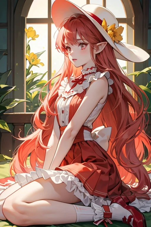 She has white skin, coral red eyes, rosy cheeks, long pointy ears, and light red hair . She has white skin, coral red eyes, rosy cheeks, long pointy ears, and light red hair . Lip doesn't wear her hat. Instead, she has her signature light red ribbon worn on the right side of her head. She wears a coral red sleeveless dress with a green collar. She has small yellow flowers around her skirt. She wears long green socks and pinkish red shoes with a tulip decor on each pair, and wears white ruffles on each of her ankles.  SPARKLE; GLITTER