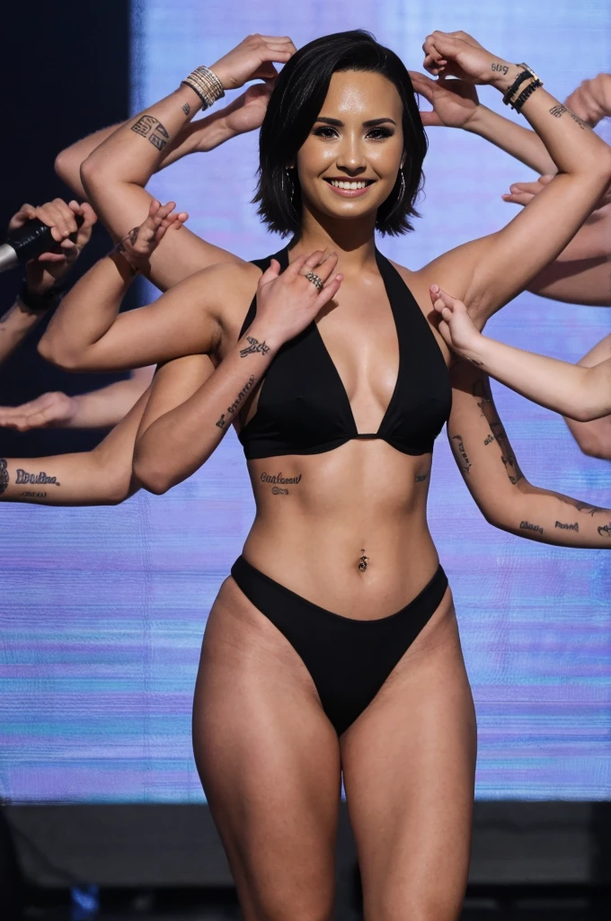 photograph, dslr photo, (8k, 4k, masterpiece), beautiful pretty sexy woman, (Demi Lovato), dramatic photograph, zoomed out, full body in frame, (legs apart), dancing on stage, hands on hips, solo, 1girl, one body, slim body, black bikini, (wide shoulders), (extraarms:1.2), (woman with four arms), (top arms extended), (top arms raised), (bottom hands extended), smiling