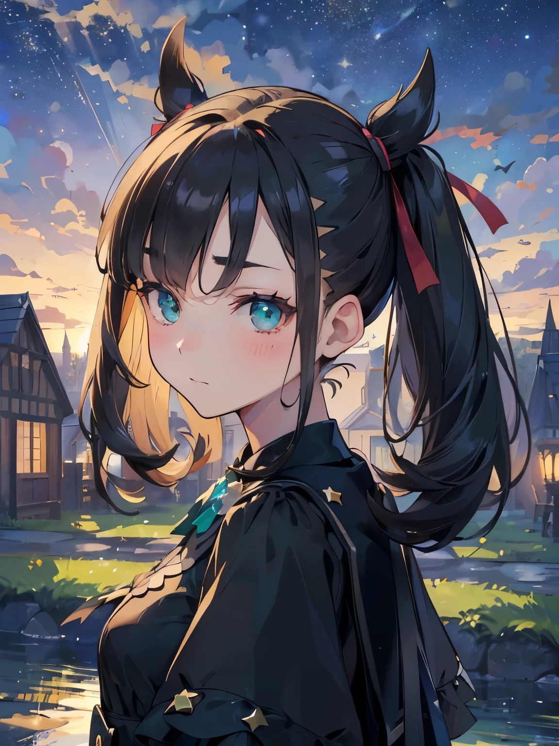 ((best quality)), ((masterpiece)), (detailed), perfect face, young girl, black hair, bangs, green eyes, black dress, romantic, soft smile, ((village)), looking at viewer, portrait, flat, ribbons, ((marnie pokemon)), (detail eyes), (shy), (perfect eyes), ((very shy)), blushing, ((night)),(facial closeups：1.2), ((stars)), ((perfect anatomy))