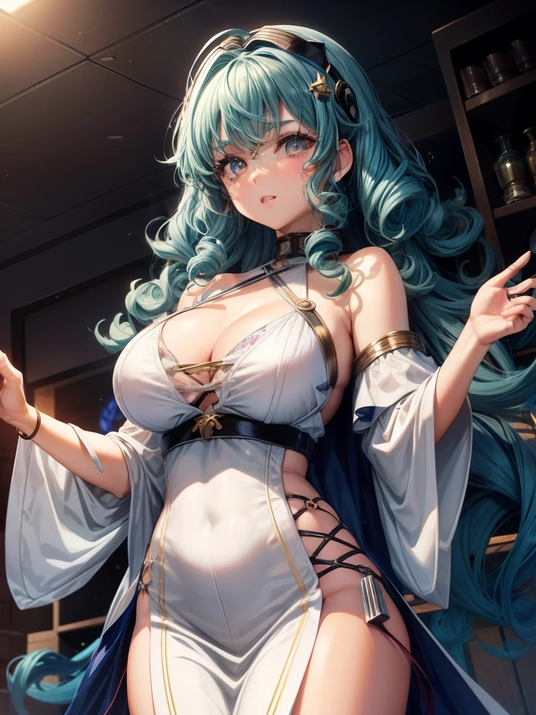 anime girl , curly blue hair,white eyes,wearing Halter dress top,have medium breasts, Logic etched on her metallic brow, a strategist with a chessboard interface, victory foretold.