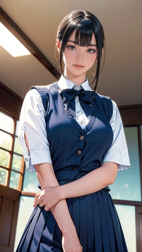 (masterpiece:1.2, highest quality), (Realistic, photoRealistic:1.4), Beautiful illustrations, (Natural Side Lighting, Cinema Lighting), Written boundary depth,
Looking at the audience, (Face Focus, Upper Body), Front view, 1 girl, Japanese, high school girl, , Perfect Face, Symmetrical cute face, Shiny skin,
(Bob Hair:1.7,Black Hair), Asymmetrical bangs, Big eyes, Droopy eyes, long eyelashes chest), thin,
Beautiful Hair, Beautiful Face, Beautiful and beautiful eyes, Beautiful clavicle, Beautiful body, Beautiful breasts, Beautiful thighs, Beautiful legs, Beautiful fingers,
((High-quality fabric, Brown knitted vest, Short sleeve white collar shirt, Navy Pleated Skirt, Navy bow tie)),
(Beautiful views), evening, (Inside the flower shop), Are standing, (smile, Superior, Open your mouth), (From below:1.5),(Poor visibility:1.5)