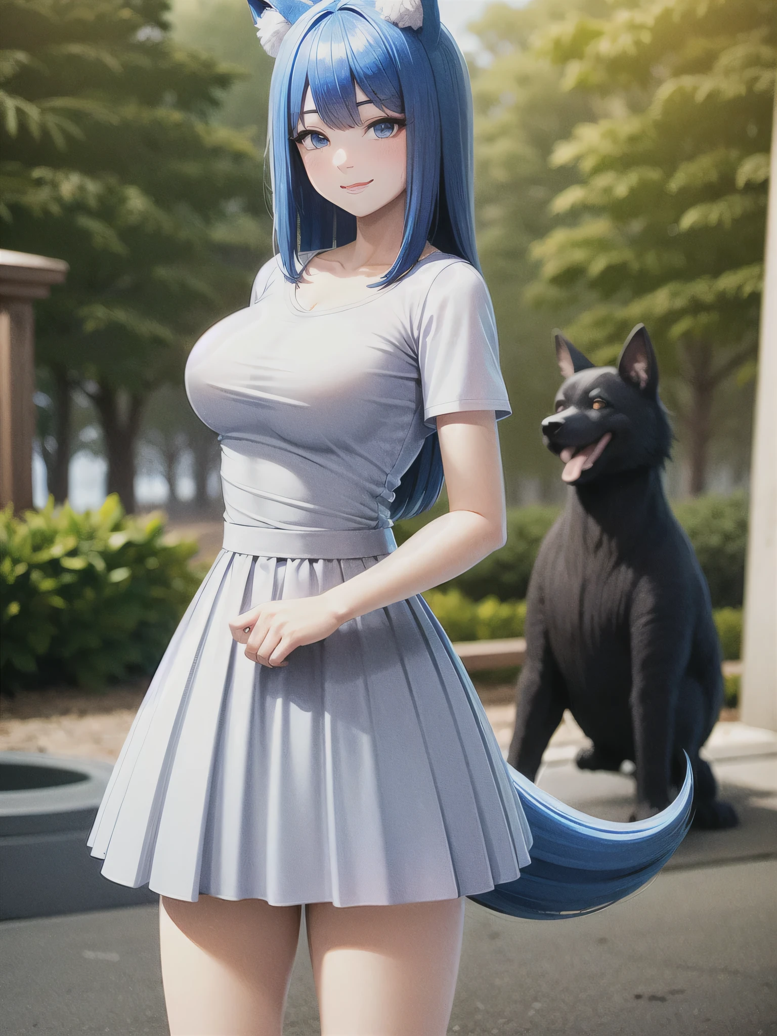 (Masterpiece) (High Detail) (High Res) A short slim humanoid girl with pale human skin and blue eyes and long blue hair and blue dog ears and a fluffy blue dog tail and medium breasts. She is stood outside in the park and is smiling shyly. She is wearing a pleated skirt and white t-shirt.