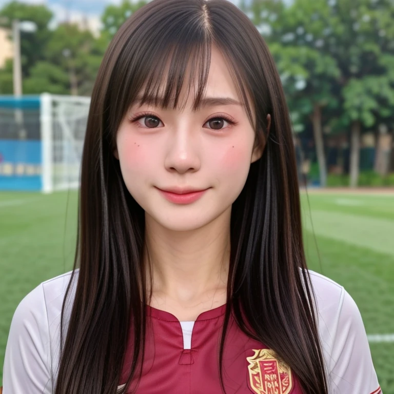 (kawaii 24 year-old Japanese girl, Nogizaka idol, Korean idol, soccer player), healthy female athlete body, (glossy black hair, very short hair, bangs:1.3), beautiful black eyes, rounded face, single eyelid, (no makeup:1.2), (soft smiling:1.2), (soccer uniform:1.3), extra small breasts, BREAK, (park background, summer daytime:1.2), (dynamic angle, bust shot:1.2), BREAK, (masterpiece, best quality, photo realistic, official art:1.4), (UHD, 8K quality wallpaper, high resolution, raw photo, golden ratio:1.3), (shiny skin), professional lighting, physically based rendering, award winning, (highly detailed skin texture, extremely detailed face and eyes textures), Carl Zeiss 85 mm F/1.4, depth of field, (1girl, solo),