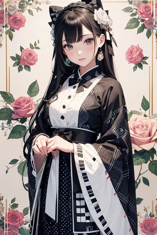 A feminine doll Lady wearing a black and white checkered furisode patterned with plaid dots stands on the ground surrounded by playful Rose motifs like Rose, flowers, green Leaf, Rose . She holds an bouquet adding to the whimsical feel of the illustration. The background is filled with blue and green squares in various patterns, creating a charming atmosphere. --ar 3:4 --niji 6