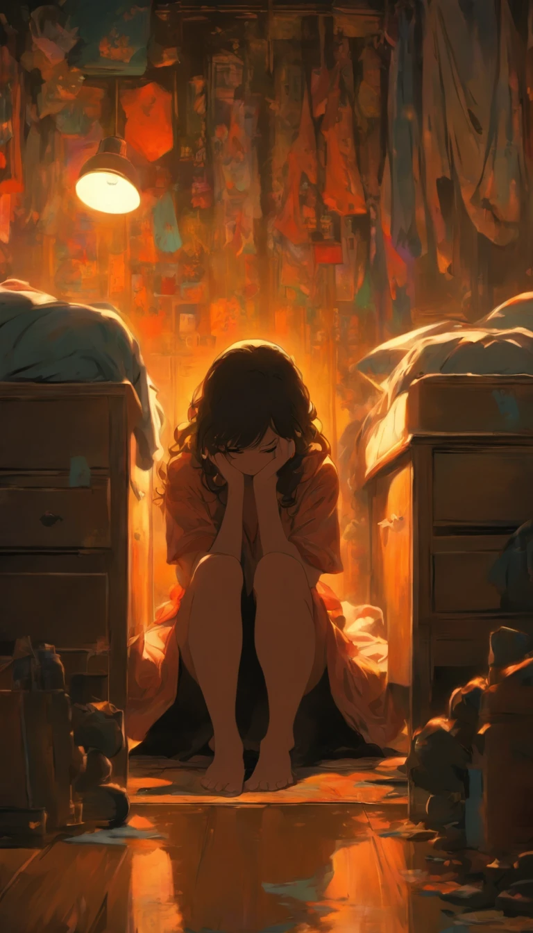 The woman is looking down. Woman cannot see her face. A woman holding her knees on a bed. A sick woman is cowering in a dark, closed-off room. The room is cluttered, with cell phones and hand mirrors on the floor. Fantastic. High quality in every detail.