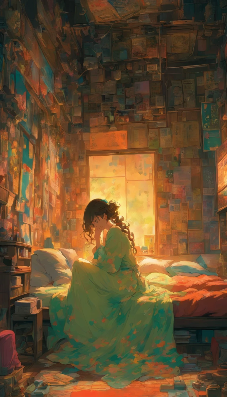 The woman is looking down. Woman cannot see her face. A woman holding her knees on a bed. A sick woman is cowering in a dark, closed-off room. The room is cluttered, with cell phones and hand mirrors on the floor. Fantastic. High quality in every detail.
