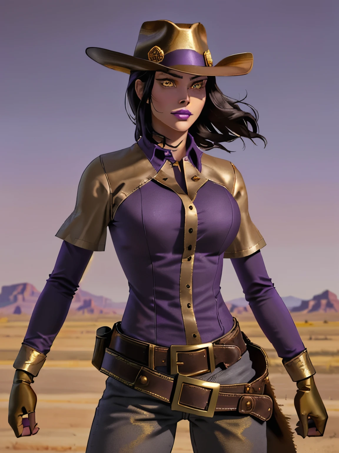 a close up of a woman dressed as a western sheriff, female character, female cowgirl, cowgirl, western cowgirl, brown cow boy hat, grey pants, grey shirt, purple design, gunslinger belt, leather belt, one glove, (((gold eyes))), purple lips, short black hair, Arizona desert background