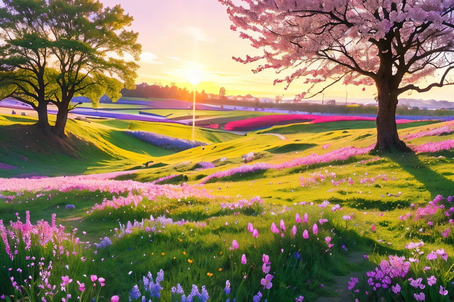 masterpiece, (Detailed Description)+, (Better Quality)+,(Give style advice)+,Grassland illuminated by spring light,Dreamscape,Colorful and bright flowers that look like they're made of mist,Long country road,Highly transparent areas,Background skyscape