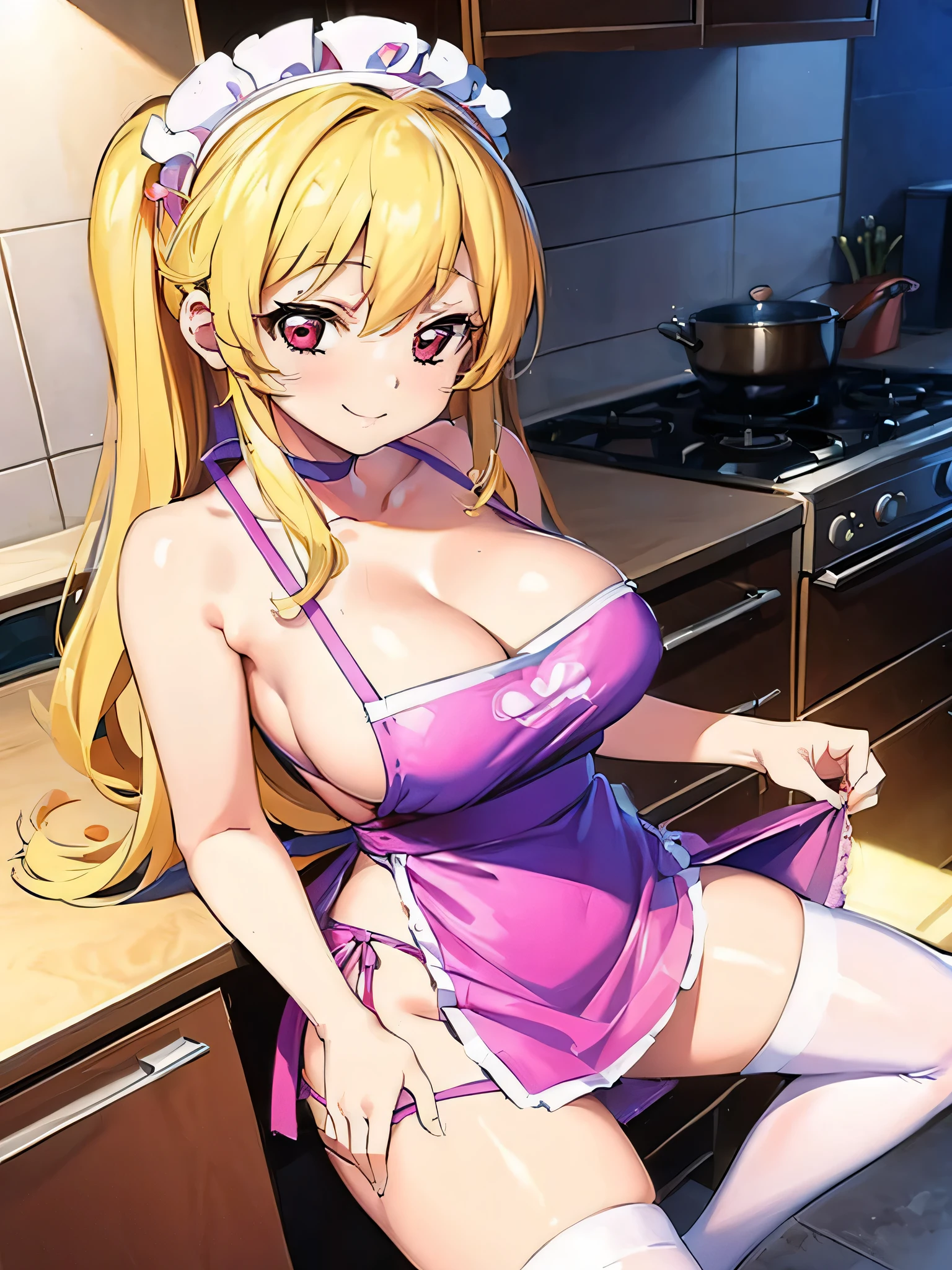 aikatsu,Blonde_HAIR,RED_HAIR_band,masterpiece,{a cartoon character is posing in kitchen wearing an apron and a dress, 1girl, hoshimiya ichigo, apron, blonde hair, long hair, breasts, solo, smile, naked apron, large breasts, cleavage, stove, looking at viewer, blush, kitchen, pink apron,