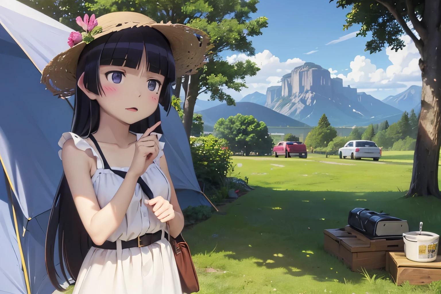 ((ruri gokou)), long hair, blush, black hair, 1girl, pants, mole, mole under eye, Straw hat, Awning hat, sundress, dress, white dress, Outdoor, camp, Beautiful Mountain々, background, The set up tent, clear々A beautiful morning, Light shines in, In front of the tent, coffee, Have fun, landscape, nature, quiet, picnic, Relaxation, refreshing, early morning, Calm, scenery, relax, fresh, Morning, Sunrise, hiking, Adventure, blue sky, fresh air, Journey, Majestic, Lush