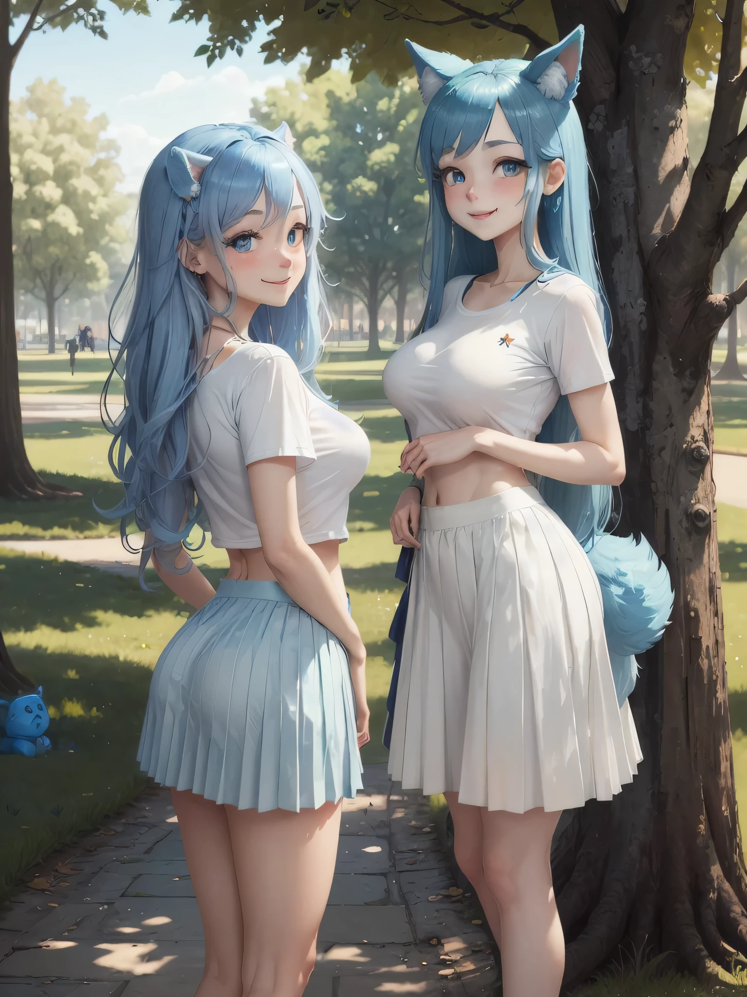 (Masterpiece) (High Detail) (High Res) A short slim humanoid girl with pale human skin and blue eyes and long blue hair and blue dog ears and a fluffy blue dog tail and medium breasts. She is stood outside in the park and is smiling shyly. She is wearing a pleated skirt and white t-shirt.