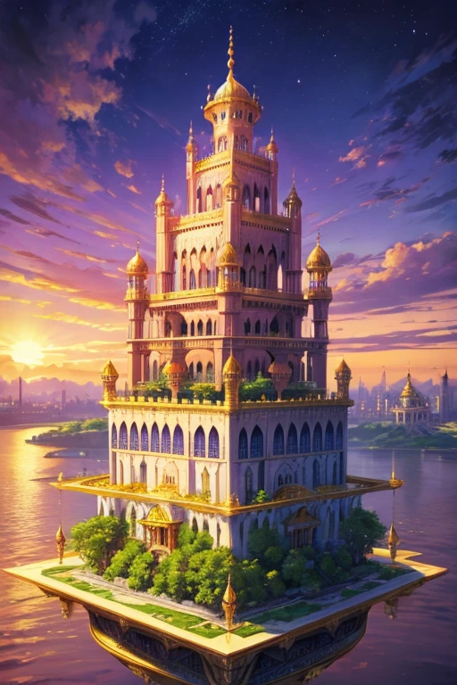 floating island with golden Muslim palace with vegetation and rivers with a tower in the center with a purple fire and blue sky background