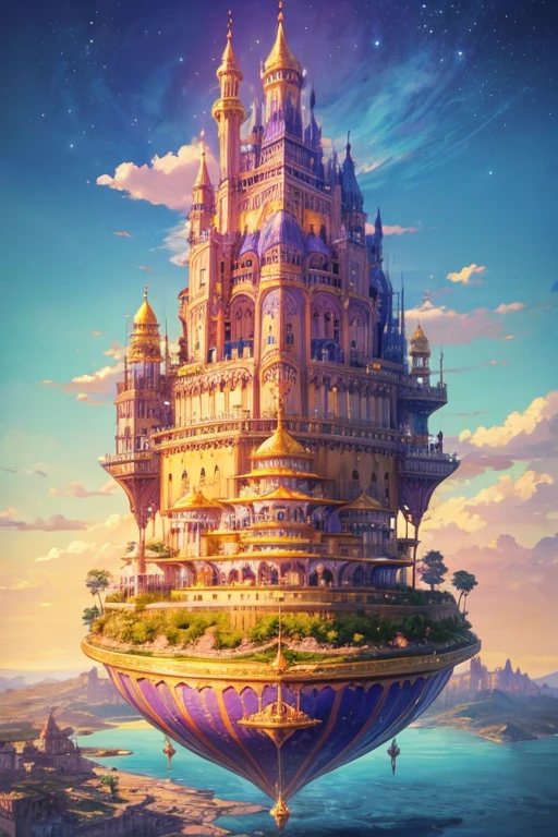 floating island with golden Muslim palace with vegetation and rivers with a tower in the center with a purple fire and blue sky background