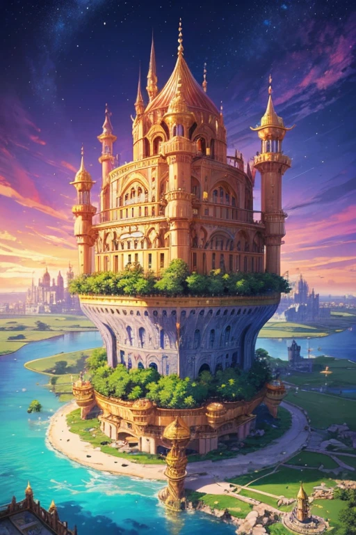 floating island with golden Muslim palace with vegetation and rivers with a tower in the center with a purple fire and blue sky background