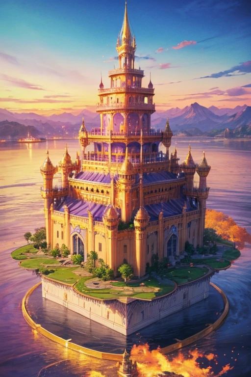floating island with golden Muslim palace with vegetation and rivers with a tower in the center with a purple fire and blue sky background