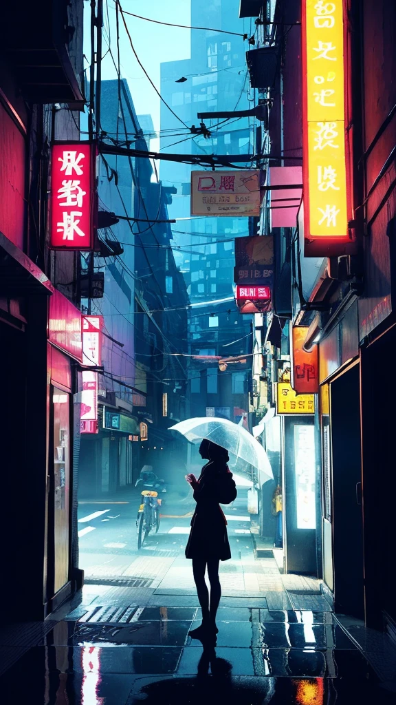 ((((ultra illustration style:1.0)))),highest quality,best animated,masterpiece,ray tracing, global illumination,Cities of the near future,1 girl,alone,, Are standing,rain