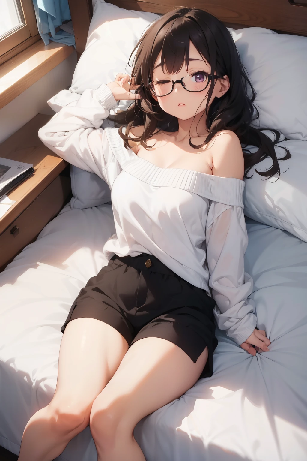 1girl, full body shot, glasses, medium brown hair, white off-shoulder sweater, black shorts, sleeping on the bed, unconscious, eyes closed, cute, absurdres, high res, ultrasharp, 8K, masterpiece