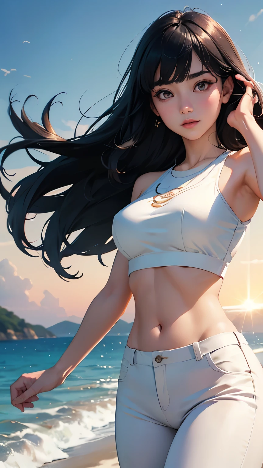 (logo、masterpiece、8k、Tabletop、RAW Photos、wonderful、最high quality、Photorealistic and Very detailed CG integrated 8k wallpaper、high quality、Very detailed、Narrative poem、Particle Effects、Dynamic Effects、Written boundary depth、Cinematic Light、Lens flare、Ray Tracing)、Fantasy、 (One beautiful woman、White pants、White T-shirt、White tube top、White crop top、Black-haired、Beautiful Face、True Face、Beautiful details、eye、Beautiful Skin、Ultimate Body、glamorous)、私の髪はWindに舞う、Hair flutters in Wind、Hair bounces、Seaside、wonderful景色、Coastal、sunrise、Sun in the background、Wind、Beach
