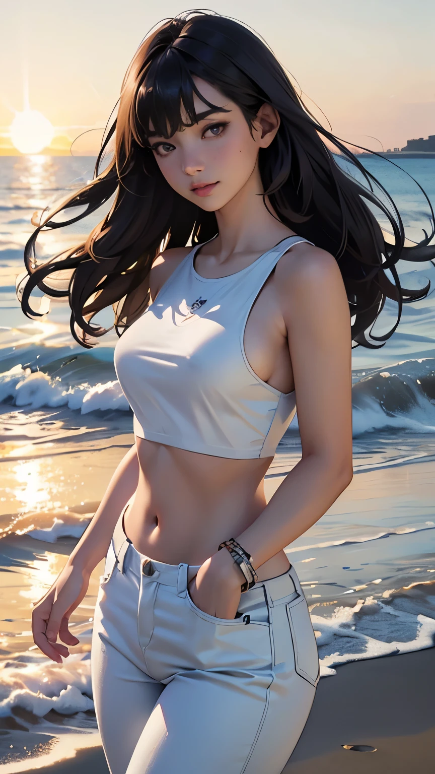 (logo、masterpiece、8k、Tabletop、RAW Photos、wonderful、最high quality、Photorealistic and Very detailed CG integrated 8k wallpaper、high quality、Very detailed、Narrative poem、Particle Effects、Dynamic Effects、Written boundary depth、Cinematic Light、Lens flare、Ray Tracing)、Fantasy、 (One beautiful woman、White pants、White T-shirt、White tube top、White crop top、Black-haired、Beautiful Face、True Face、Beautiful details、eye、Beautiful Skin、Ultimate Body、glamorous)、私の髪はWindに舞う、Hair flutters in Wind、Hair bounces、Seaside、wonderful景色、Coastal、sunrise、Sun in the background、Wind、Beach