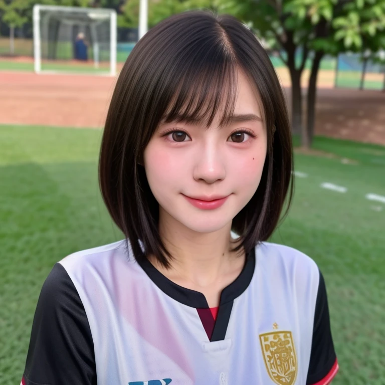 (kawaii 24 year-old Japanese girl, Nogizaka idol, Korean idol, soccer player), healthy female athlete body, (glossy black hair, very short hair, bangs:1.3), beautiful black eyes, rounded face, single eyelid, (no makeup:1.2), (soft smiling:1.2), (soccer uniform:1.3), extra small breasts, BREAK, (park background, summer daytime:1.2), (dynamic angle, bust shot:1.2), BREAK, (masterpiece, best quality, photo realistic, official art:1.4), (UHD, 8K quality wallpaper, high resolution, raw photo, golden ratio:1.3), (shiny skin), professional lighting, physically based rendering, award winning, (highly detailed skin texture, extremely detailed face and eyes textures), Carl Zeiss 85 mm F/1.4, depth of field, (1girl, solo),