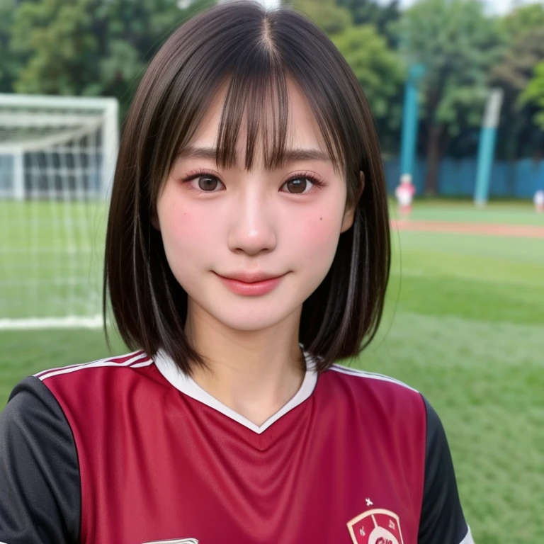 (kawaii 24 year-old Japanese girl, Nogizaka idol, Korean idol, soccer player), healthy female athlete body, (glossy black hair, very short hair, bangs:1.3), beautiful black eyes, rounded face, single eyelid, (no makeup:1.2), (soft smiling:1.2), (soccer uniform:1.3), extra small breasts, BREAK, (park background, summer daytime:1.2), (dynamic angle, bust shot:1.2), BREAK, (masterpiece, best quality, photo realistic, official art:1.4), (UHD, 8K quality wallpaper, high resolution, raw photo, golden ratio:1.3), (shiny skin), professional lighting, physically based rendering, award winning, (highly detailed skin texture, extremely detailed face and eyes textures), Carl Zeiss 85 mm F/1.4, depth of field, (1girl, solo),