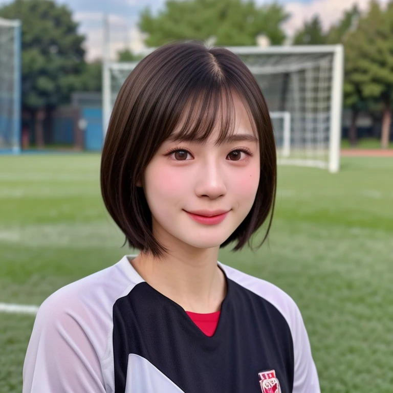 (kawaii 24 year-old Japanese girl, Nogizaka idol, Korean idol, soccer player), healthy female athlete body, (glossy black hair, very short hair, bangs:1.3), beautiful black eyes, rounded face, single eyelid, (no makeup:1.2), (soft smiling:1.2), (soccer uniform:1.3), extra small breasts, BREAK, (park background, summer daytime:1.2), (dynamic angle, bust shot:1.2), BREAK, (masterpiece, best quality, photo realistic, official art:1.4), (UHD, 8K quality wallpaper, high resolution, raw photo, golden ratio:1.3), (shiny skin), professional lighting, physically based rendering, award winning, (highly detailed skin texture, extremely detailed face and eyes textures), Carl Zeiss 85 mm F/1.4, depth of field, (1girl, solo),