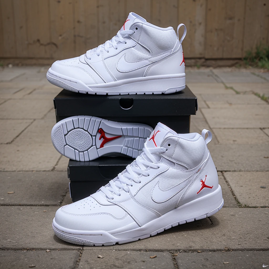 genera unos zapatos blanco jordan con la marca nike