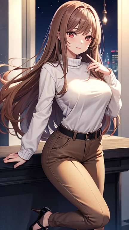 Game , goddess of victory nikke, Rapi , light brown hair, alluring eyes ,beautiful face , crystal red eyes , long hair ,sweater shirt, cream colour shirt, trousers, cheerful eyes, ,g cup breast, slender waist, bewitching thighs, , five fingers each hand, two hand ,two leg , in town, date, hunch over, standing, beautiful, high heels, night life