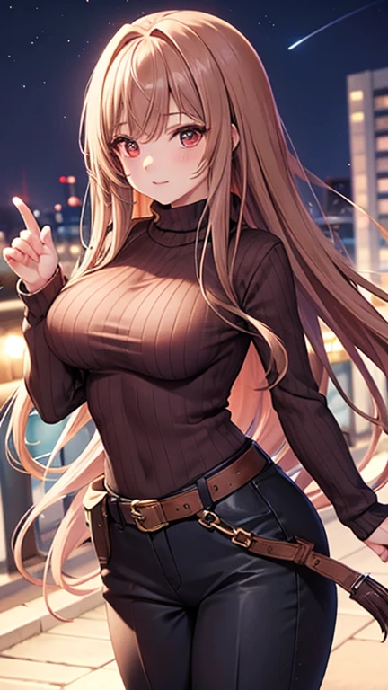 Game , goddess of victory nikke, Rapi , light brown hair,  alluring eyes ,beautiful face , crystal red eyes ,  long hair ,sweater shirt, cream colour shirt, trousers, cheerful eyes, ,g cup breast, slender waist, bewitching thighs, , five fingers each hand, two hand ,two leg , in town, date, hunch over, standing, beautiful, high heels, night life