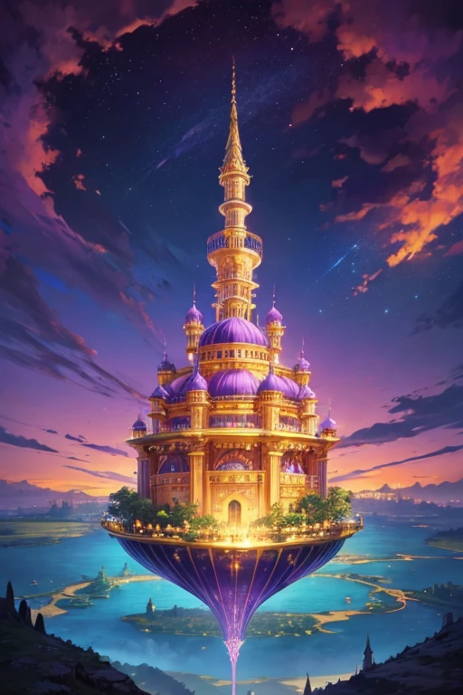 floating island with golden Muslim palace with vegetation and rivers with a tower in the center with a purple fire and blue sky background